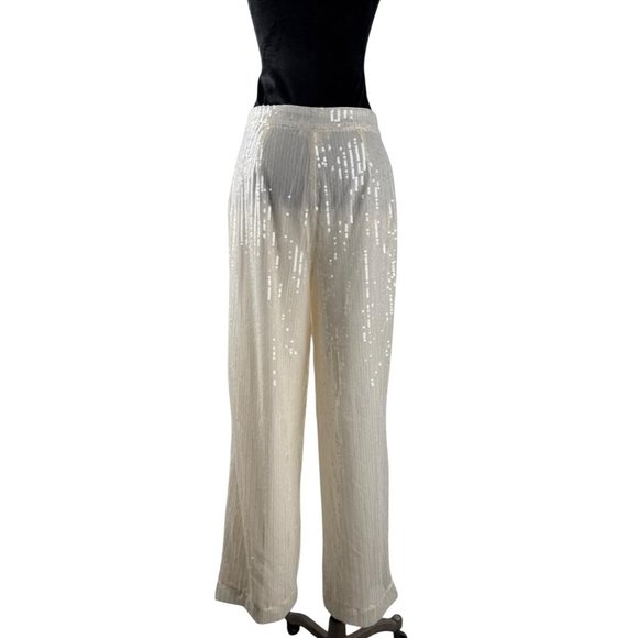 HOUSE OF HARLOW 1960 Women's Cream Sequin Wide Leg High Waist Palazzo Pants Sz 6 - Picture 3 of 13